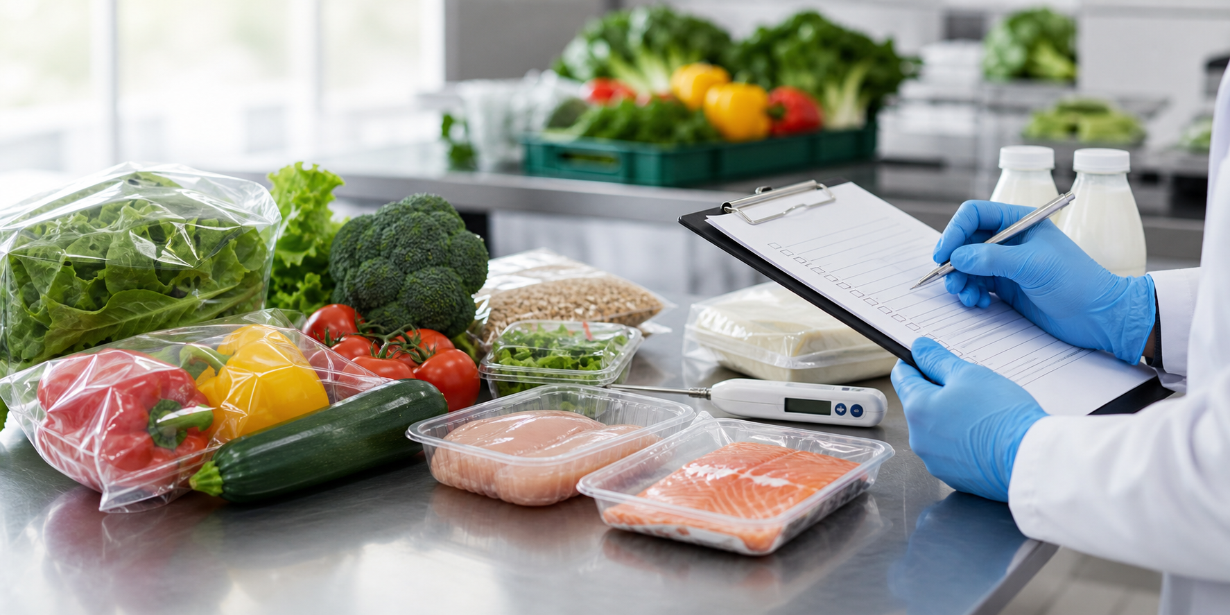 Voedselinspectie met verse groenten, verpakte voeding en een checklist