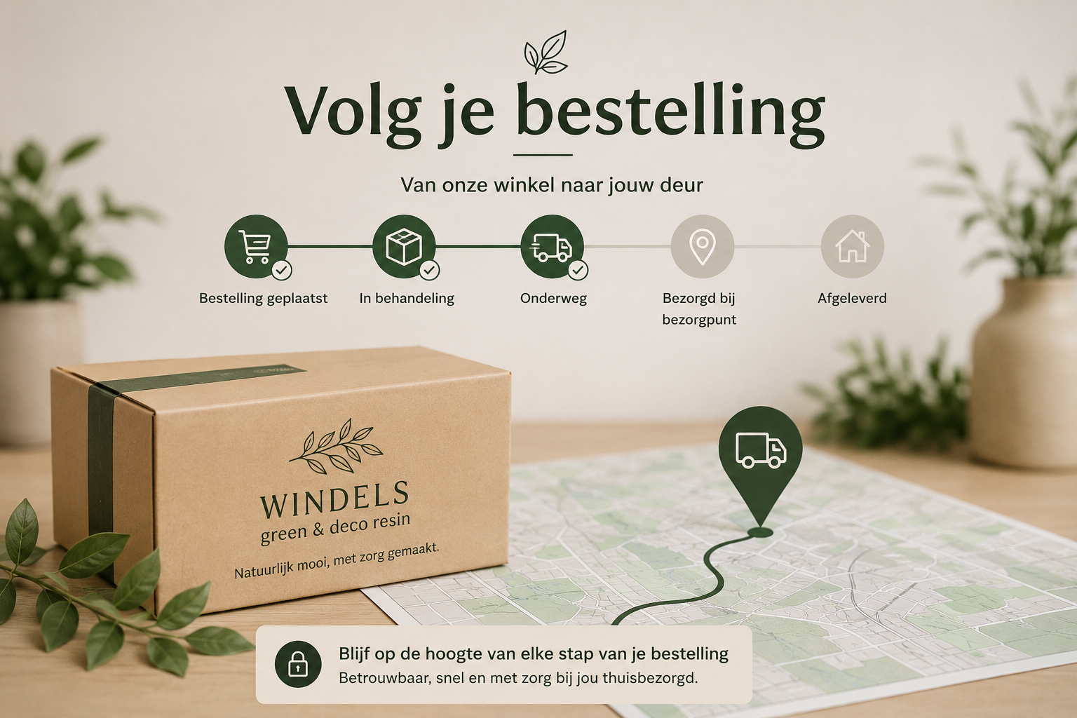 Sfeerfoto van handgemaakt werk en verzending bij Windels Green & Deco Resin